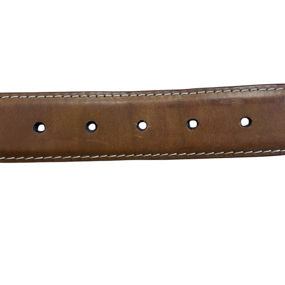 Peter Elliot Tan Leather Belt 34” Silver-Tone Brass Buckle Contrast Stitch Italy - Picture 8 of 16